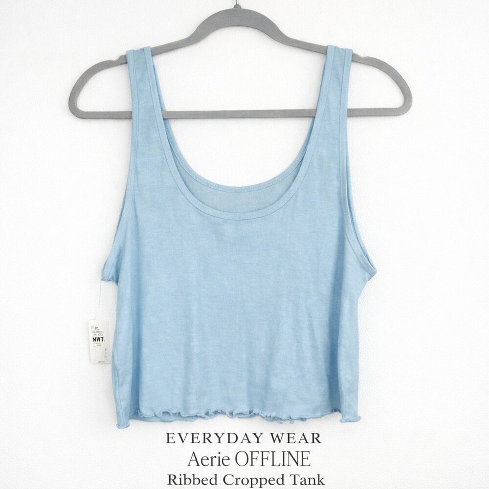NWT Aerie OFFLINE Ribbed Lettuce Hem Cropped Tank Powder Blue Size L